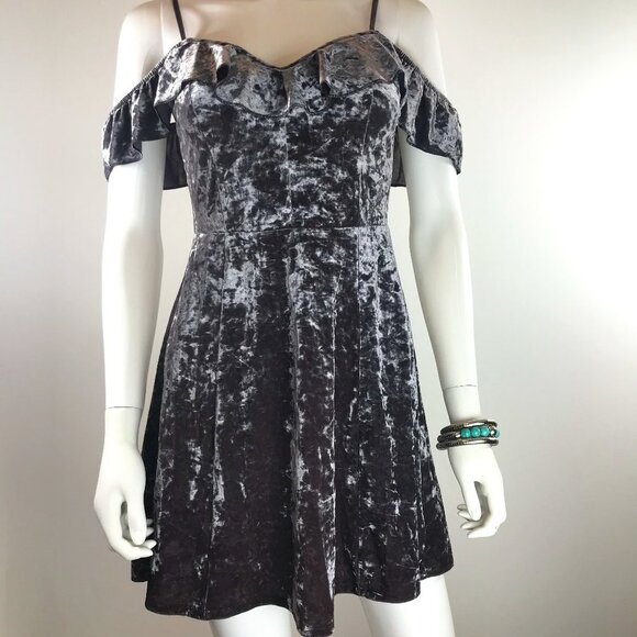 4 for $35 🍄 AE Gunmetal Crushed Velvet Ruffle Sleeve Mini Dress - Picture 1 of 9